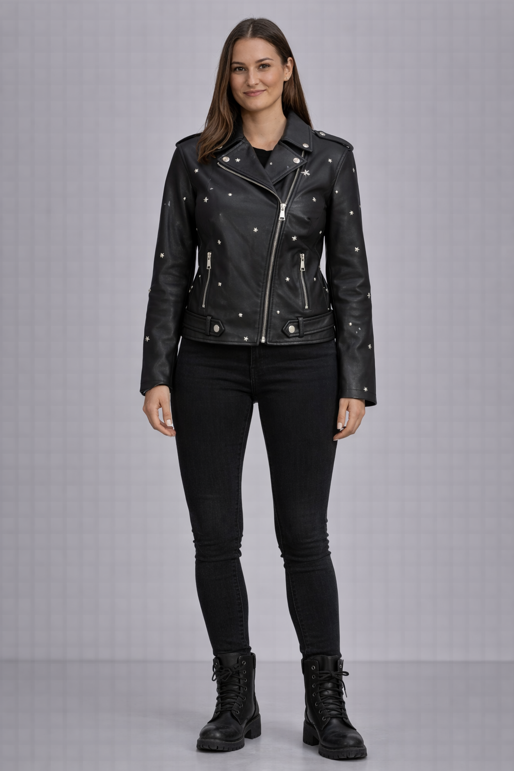 Giacca Donna Gio Cellini Biker in Ecopelle con Borchie e Stelle – Nera