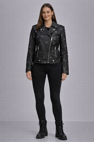 Giacca Donna Gio Cellini Biker in Ecopelle con Borchie e Stelle – Nera