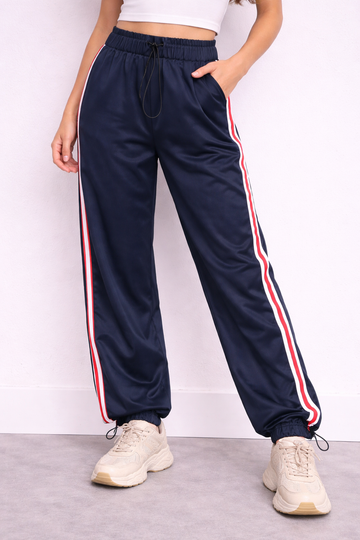 Pantalone blu scuro satinato con bande laterali