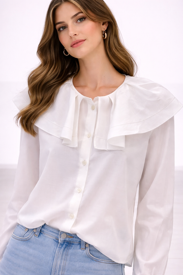 Camicia ELEH  bianca con collo ampio bordino effetto ricamo