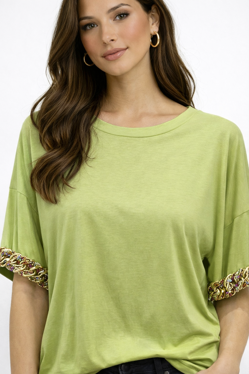 T-shirt  brand unique verde acido con catena su scollo e manica